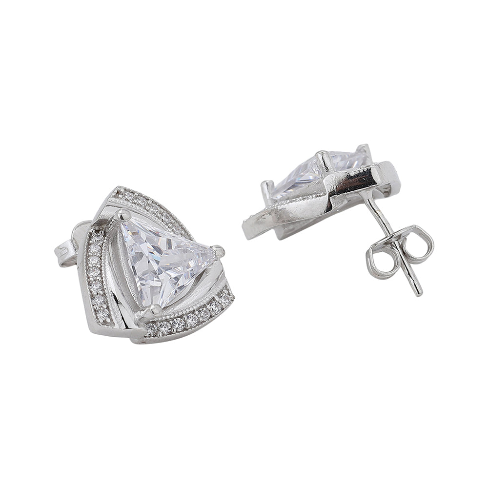 Women'S Silver Western Brass Cubic Zirconia Post And Back Rhodium - Plated Single Triangular Studs Earrings - Wahe Jewels - Swadesiicart