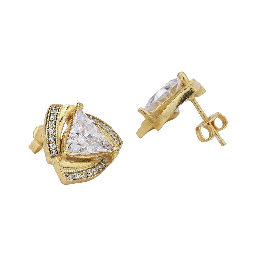 Women'S Gold Western Brass Cubic Zirconia Post And Back Gold-Polished Single Gold - Toned Triangular Studs Earrings - Wahe Jewels - Swadesiicart