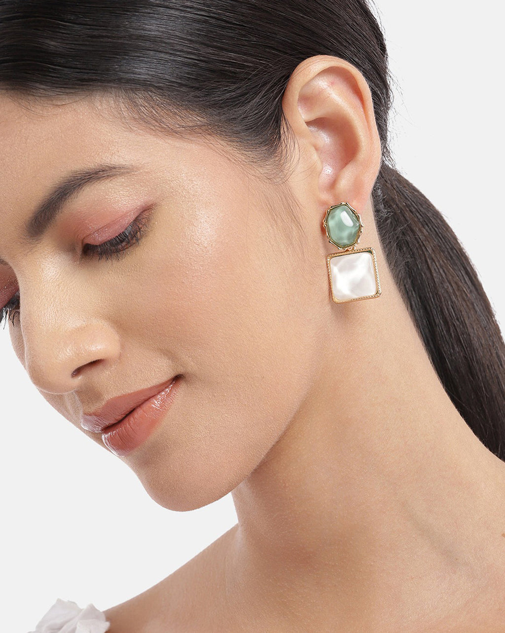 Premium Jewellery - Silver Toned Cz Studded Rhodium - Plated Square Handcrafted Drop Earrings - Wahe Jewels - Swadesiicart
