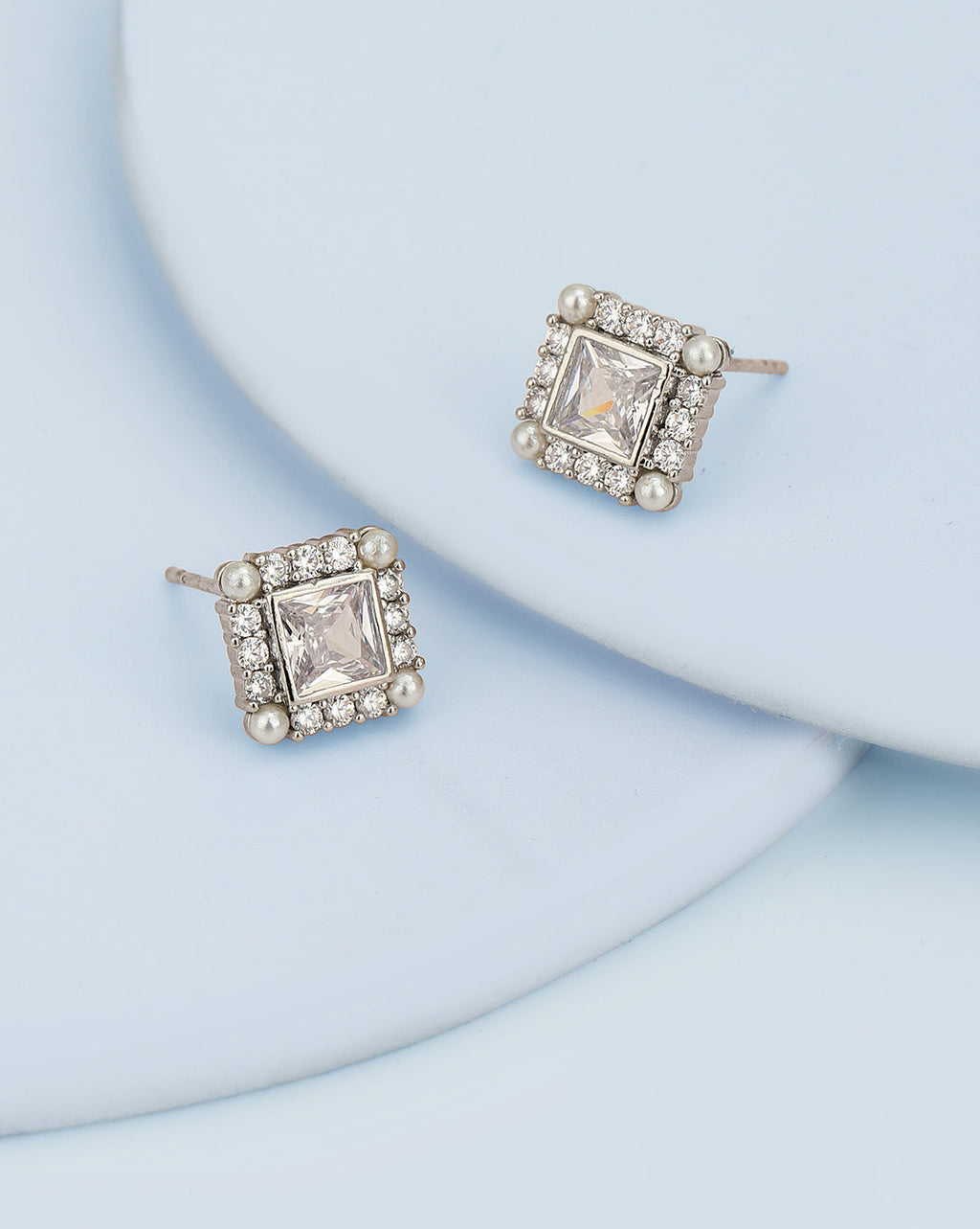 Silver Plated Cz & Pearl Square Stud Earring For Women - Wahe Jewels - Swadesiicart