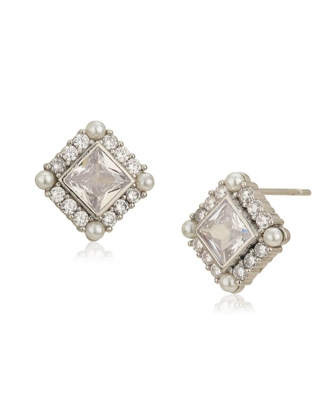 Silver Plated Cz & Pearl Square Stud Earring For Women - Wahe Jewels - Swadesiicart
