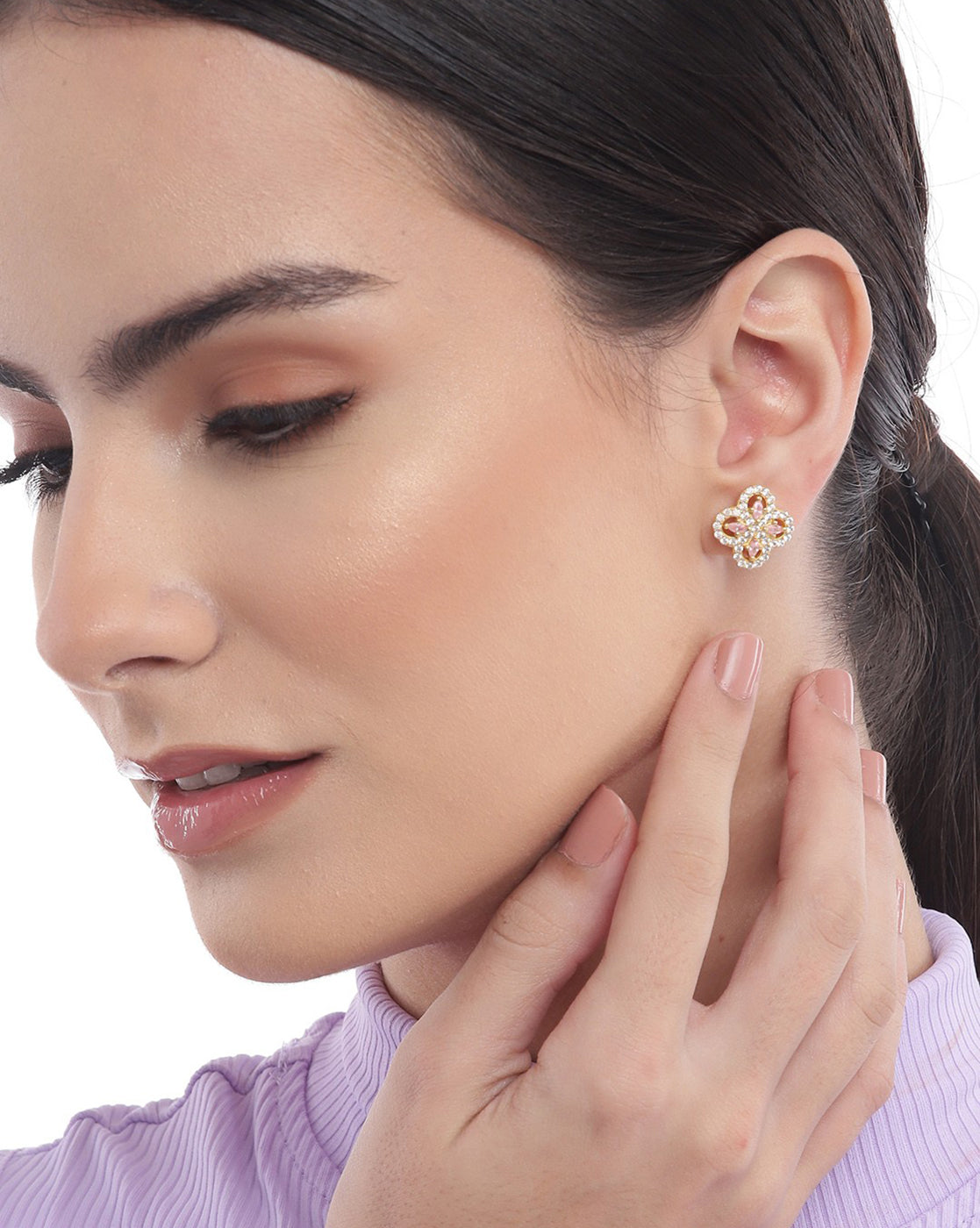 Rhodium Plated Silver Toned Pink Cz Studded Teardrop Shape Stud Earrings For Women - Wahe Jewels - Swadesiicart