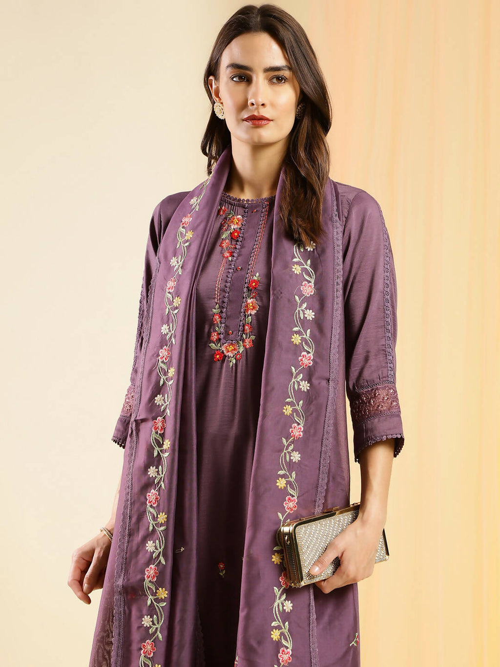 Purple Chinon Embroidered Straight Kurta with Trouser & Dupatta - Salimar | Grocsy