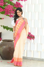 Beatitude Cream Cotton Paisley Border Tangail Handloom Saree | Grocsy