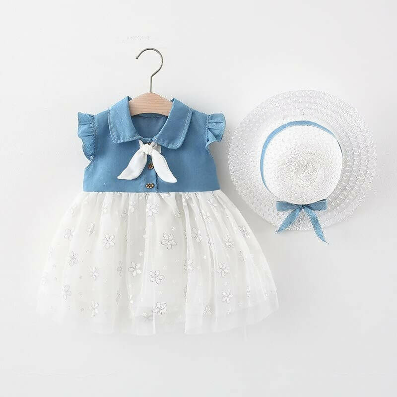 Bold N Elegant Cap Sleeve Denim Embroidered Midi Party Dress Frock with Hat Dress - Floral White | Grocsy