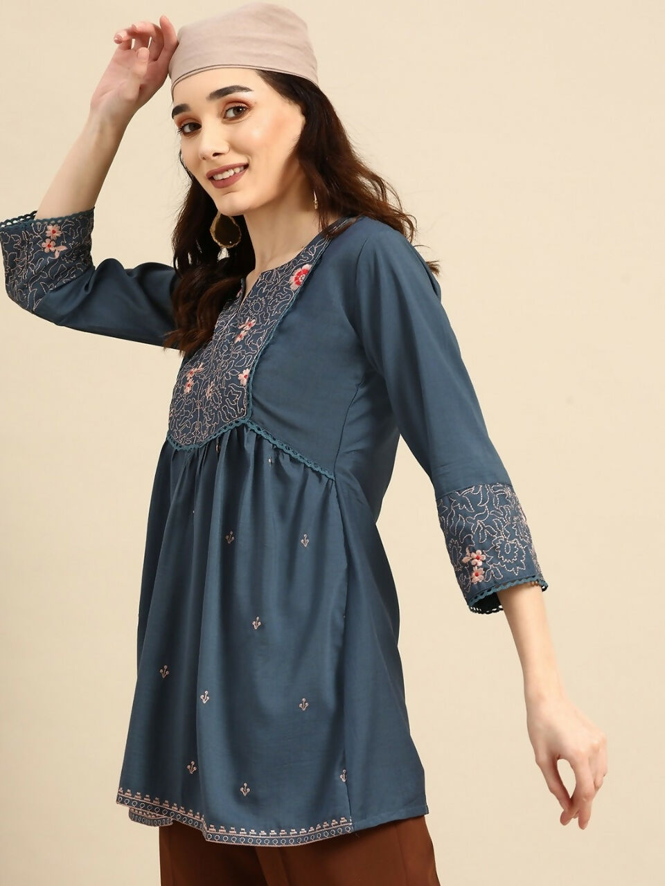 Women's Turquoise Blue Viscose blend Embroidered Short Top - Marina | Grocsy