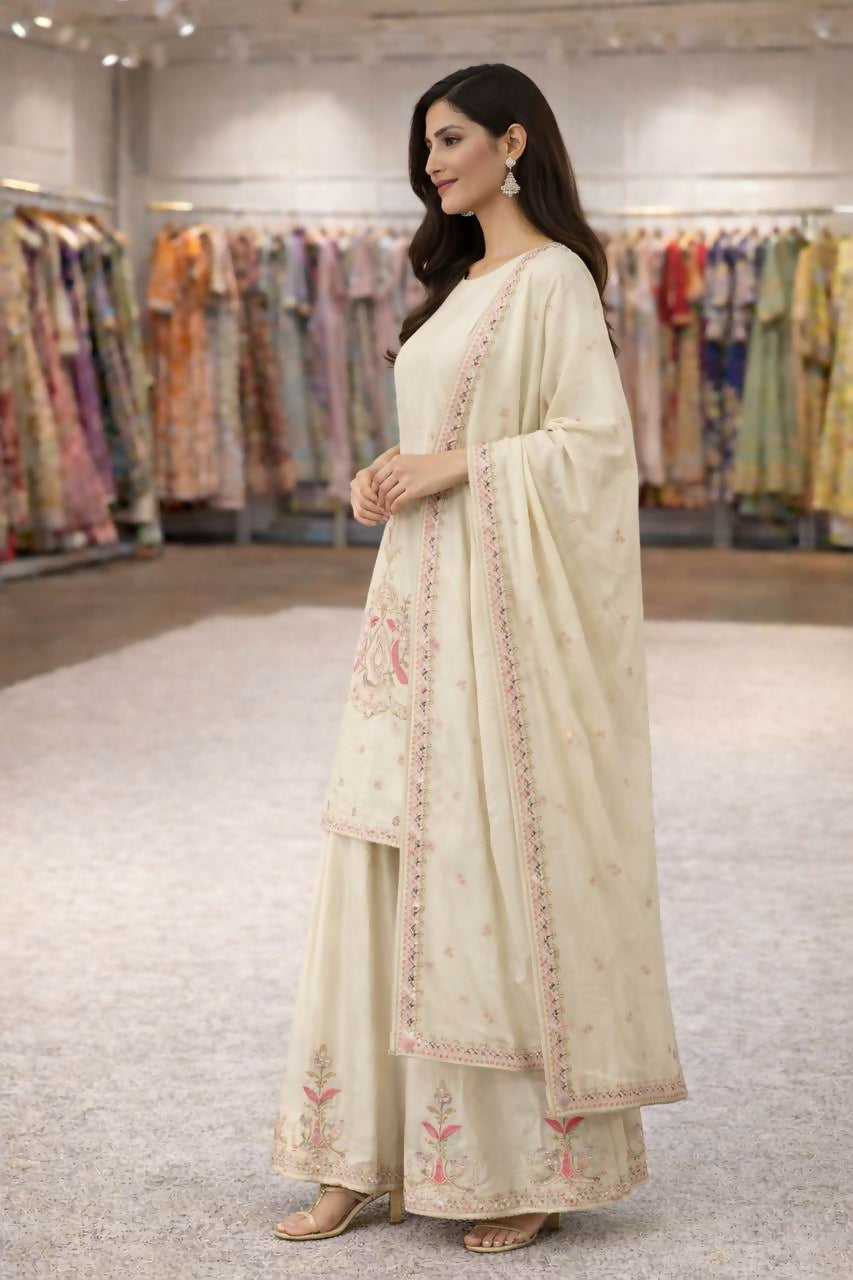 Teeya Creation Cream Chinnon Designer Embroidery Work Party Wear Salwar Suit | Grocsy