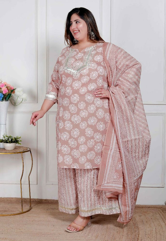 Miravan Plus Size Women Brown Floral Printed Cotton Straight Ethnic Kurta With Palazzo And Dupatta | Grocsy