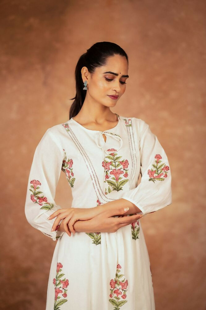 Joban Fashion Off White Pink Floral Hand Block Printed Cotton Kurta Pant Set | Grocsy