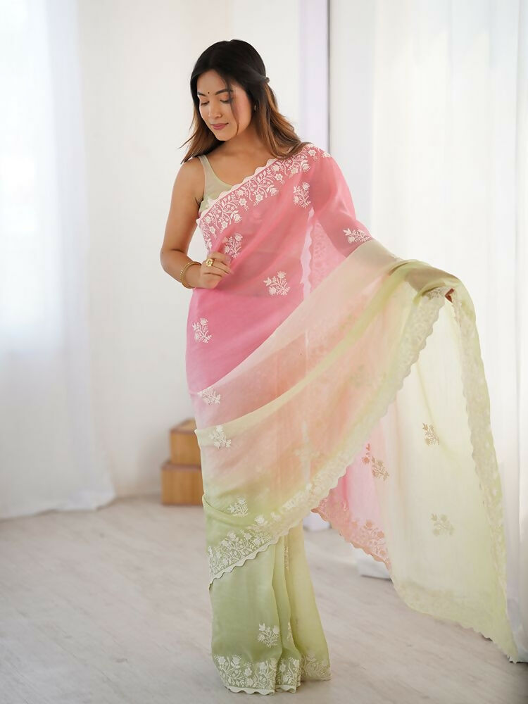 Pink Crunchy Silk Embroidery WorkParty Wear Saree - Lakshita | Grocsy