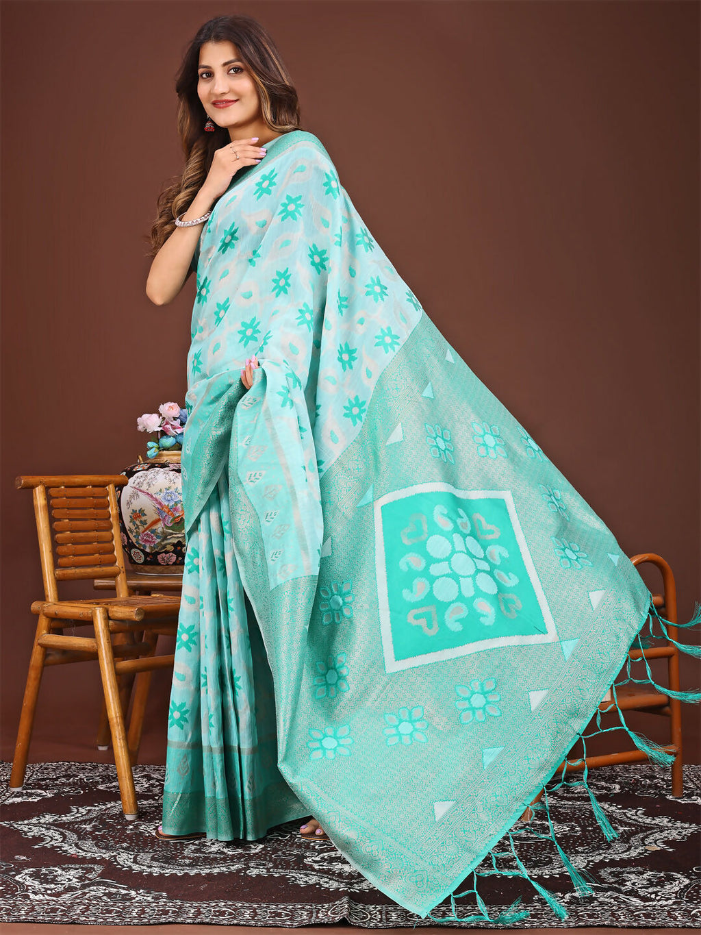 Shree Shyam Fashion Sajni Sea Green Linen Cotton Saree | Grocsy