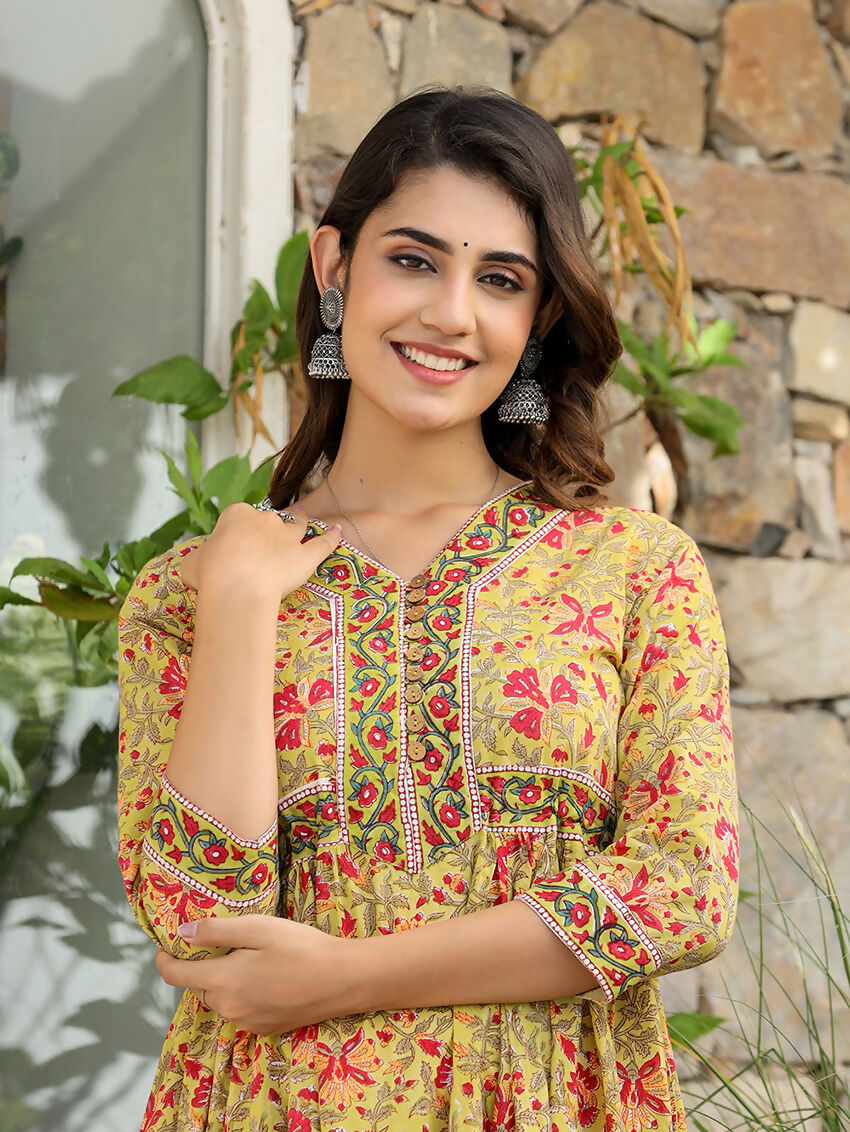 Kaajh Women's Mustard Printed Cotton Handblock Dress | Grocsy