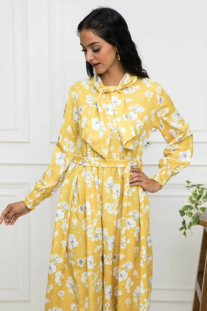 Myshka Women Yellow-Floral Rayon A-Line Shirt Collar Dress | Grocsy
