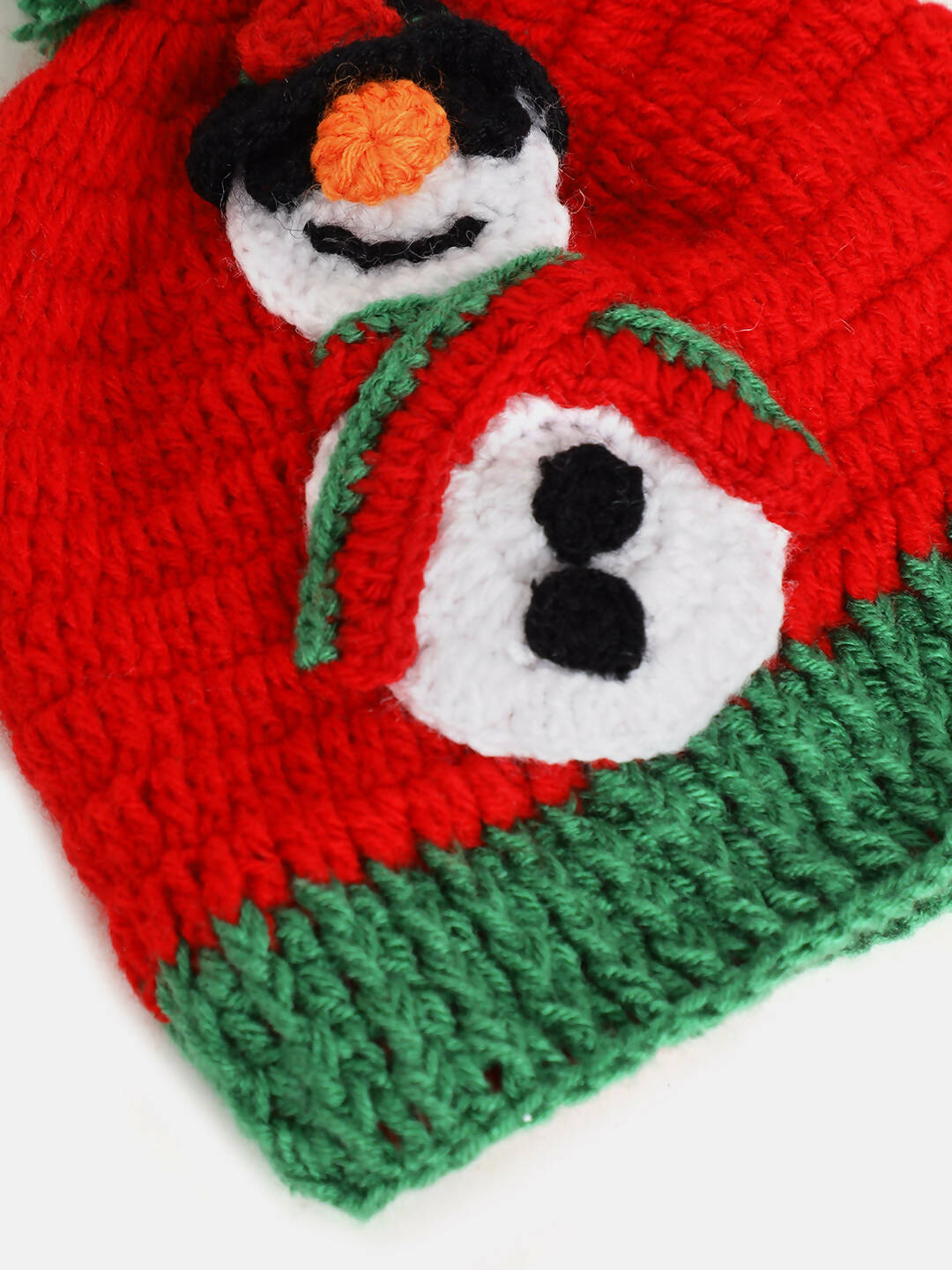 Chutput Kids Woollen Hand Knitted Full Sleeves Snowman Detail Sweater For Baby Boys With Cap - Red | Grocsy