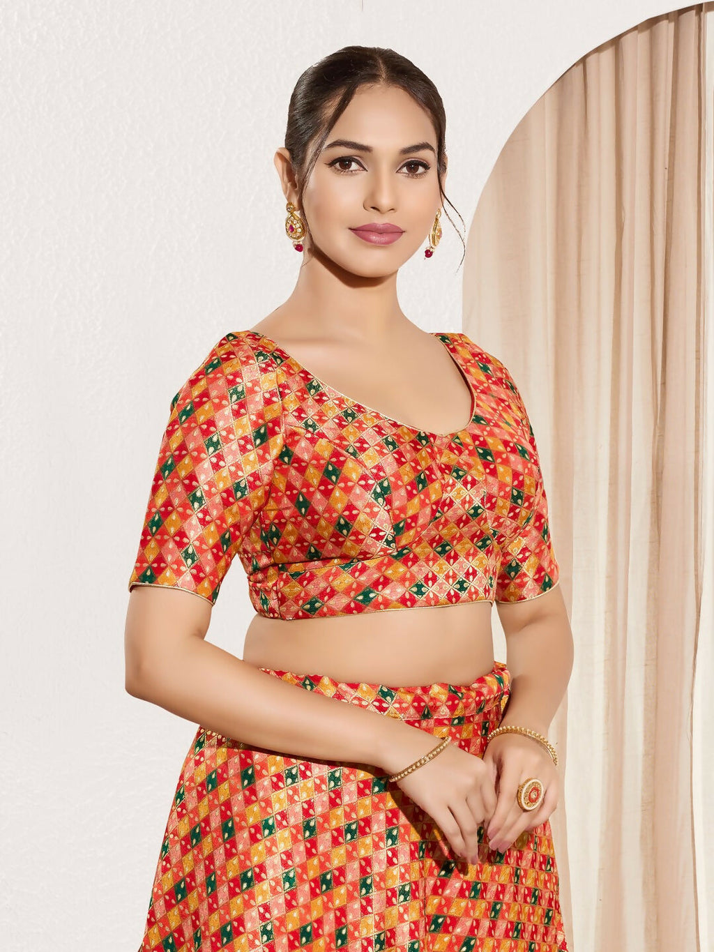 Joban Fashion Red Jacquard Padded Blouse With Round Neck Elbow Sleeves | Grocsy
