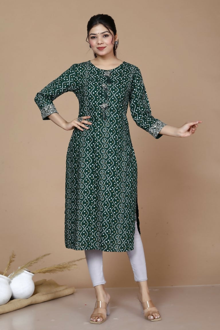 Miravan Women's Rayon Bandhani Print Straight Kurta Green | Grocsy