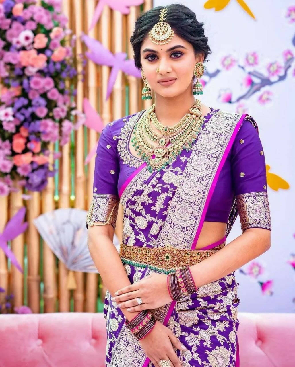 DEIANA'S Beautiful Designer Golden zari Soft Lichi Silk Saree - Purple | Grocsy
