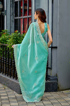 Vastranavya Turquoise Embroidery Work Shimmer Chiffon Saree with Unstitched Blouse | Grocsy
