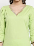 Myshka Women's Green Cotton Solid 3/4 Sleeve V Neck Casual Kurta Pant Dupatta Set | Grocsy
