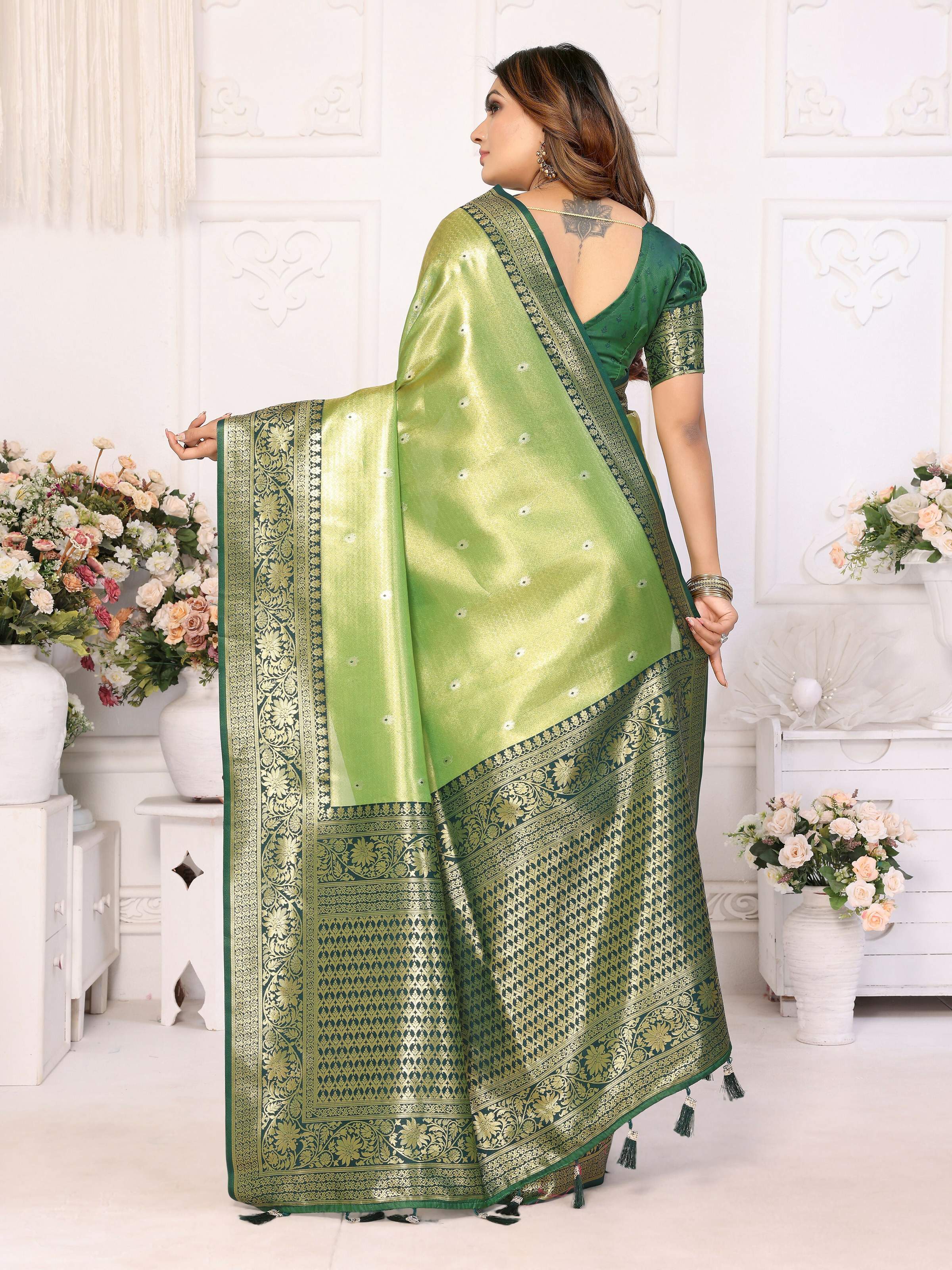 Aastha Fashion Pista Tissue Silk Weaving Saree | Grocsy