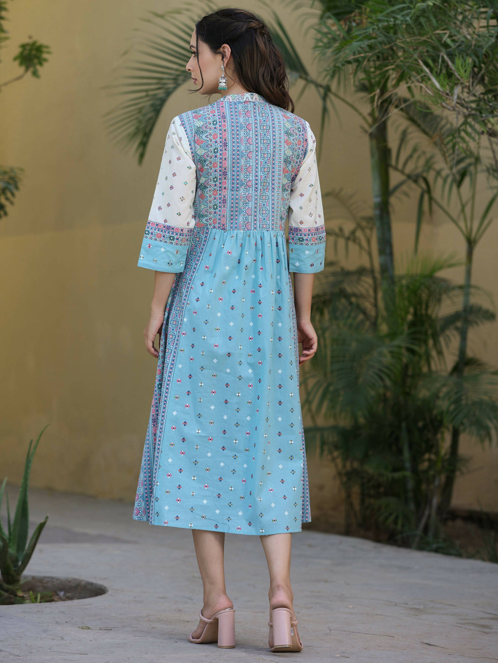 Juniper Women's Skyblue Cambric Printed Flared Dress | Grocsy