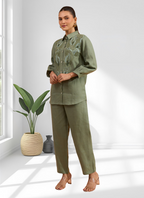 Joban Fashion Pista Green Linen Embroidered Readymade Cord Set | Grocsy