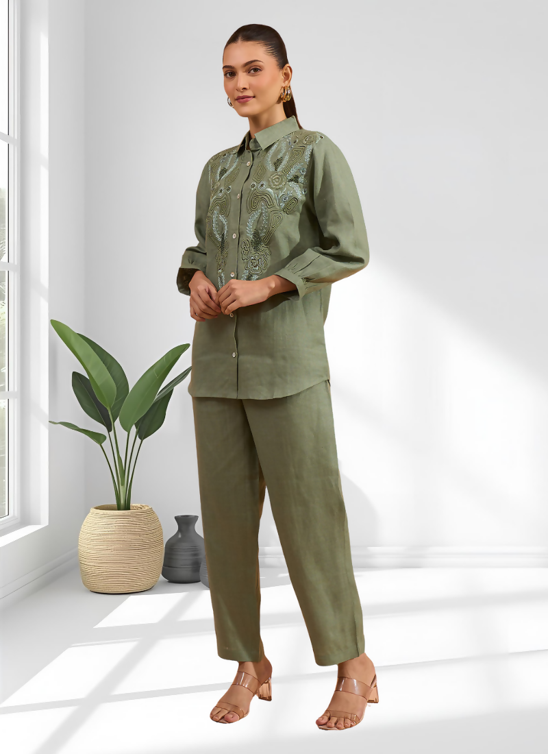 Joban Fashion Pista Green Linen Embroidered Readymade Cord Set | Grocsy