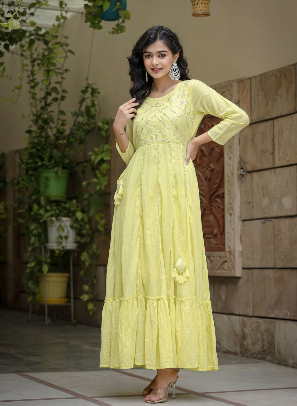 Kaajh Women's Yellow Mirror Embroidered Cotton Dress | Grocsy