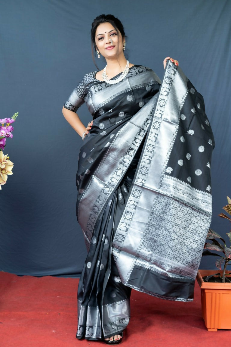 Jyoti Fashion Women's Black Soft Banarasi Silk Zari Woven Saree with Blouse | Grocsy