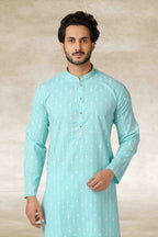 Raivat Ethnic Cotton Printed Work Kurta Pajama In Sky Blue Colour | Grocsy