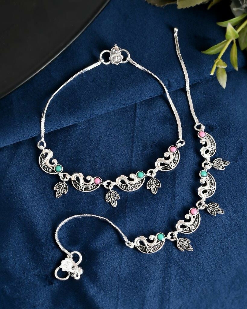 VOJ Set of 2 Silver Plated Multi Color Meenakari Anklet | Grocsy