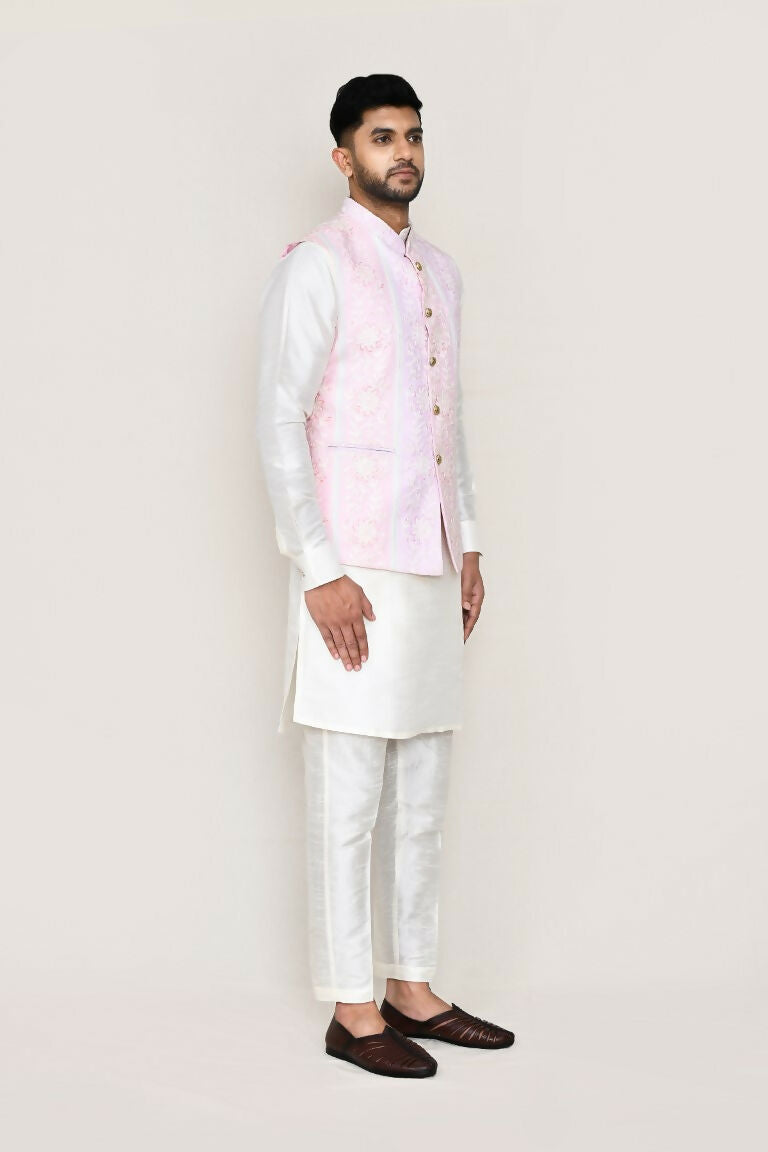 Joban Fashion White Colored Art Silk Fabric Kurta, Jacket With Straight Fit Pant | Grocsy