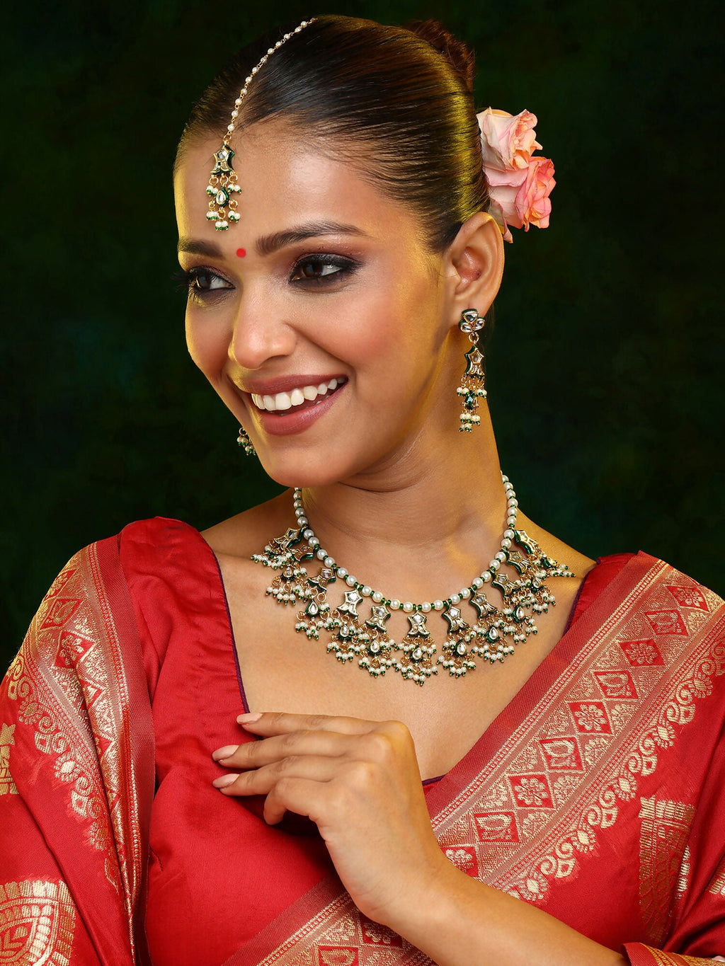 Ruby Raang Gold Polished Kundan Work Green Kundan Collar Necklace With Earrings & Maang Tikka | Grocsy