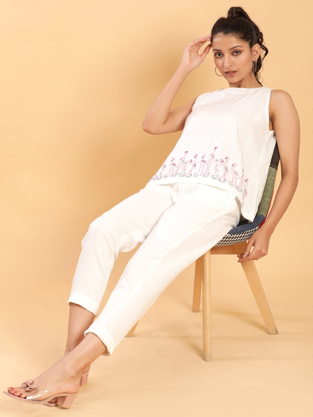 BohoJazz Flamingo Embroidered Linen Co-ord Set | Grocsy
