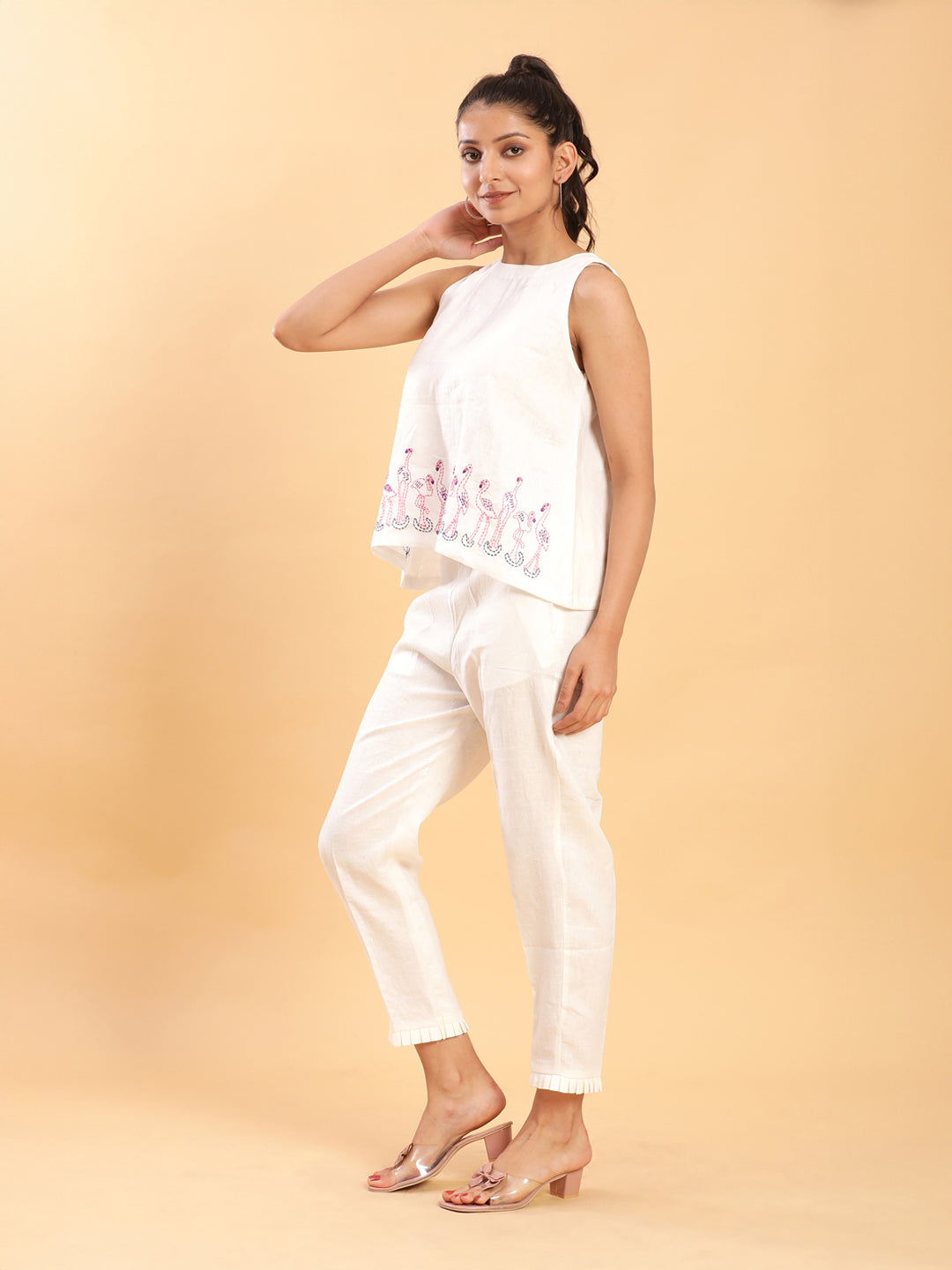 BohoJazz Flamingo Embroidered Linen Co-ord Set | Grocsy