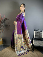 Prime Volt Premium Soft Silk Mayur Paithani Saree with Peacock Meena Weaving & Rich Pallu-Purple | Grocsy