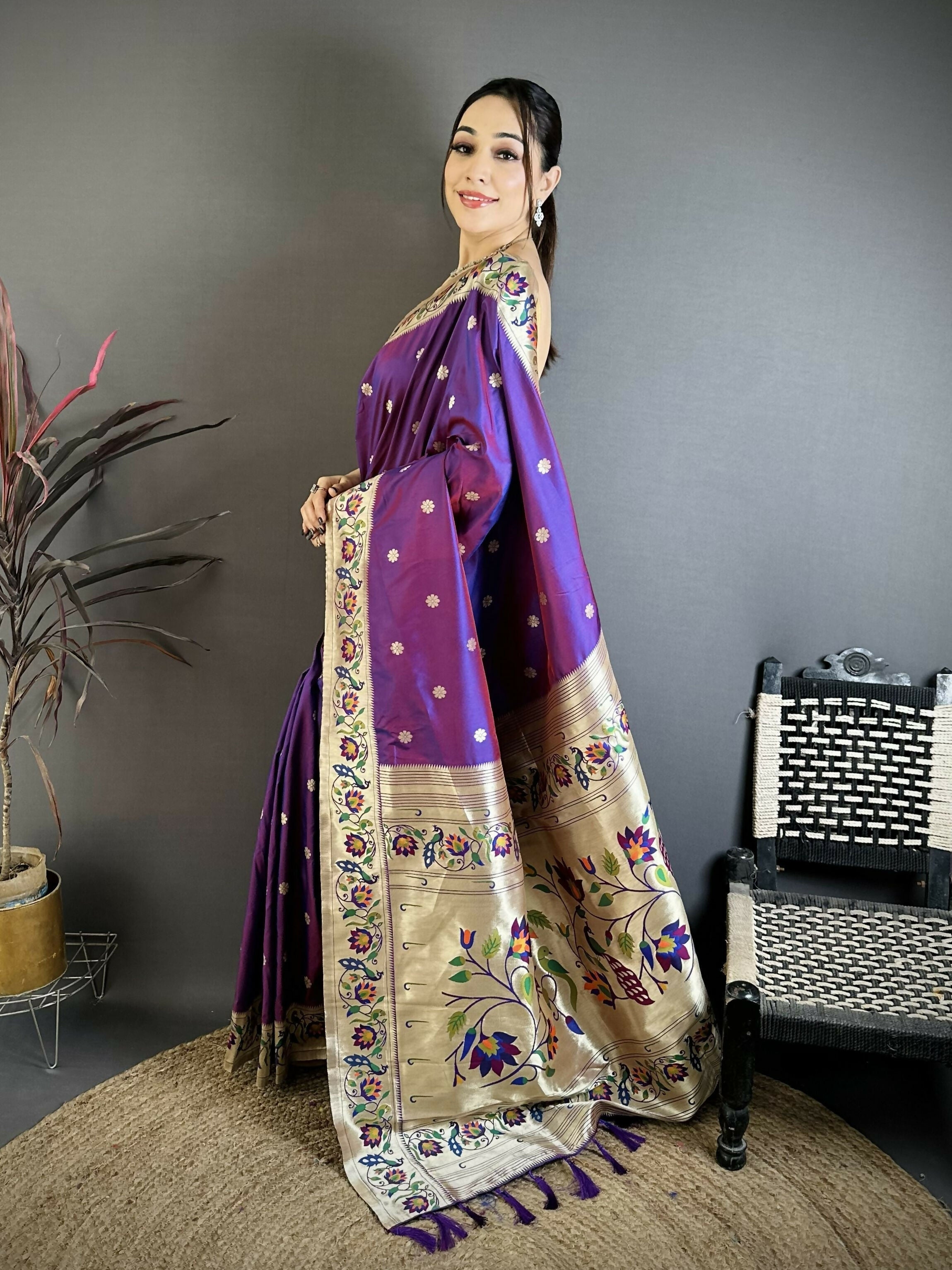 Prime Volt Premium Soft Silk Mayur Paithani Saree with Peacock Meena Weaving & Rich Pallu-Purple | Grocsy