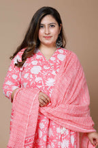 Miravan Women's Pink Plus Size Cotton Floral Print Anarkali Kurta With Dupatta | Grocsy
