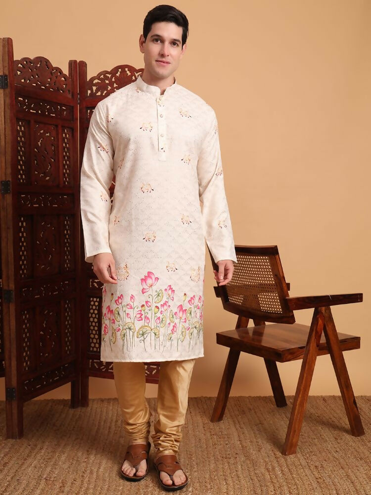 Cream Cotton Printed Chikankari Embroidery Work Kurta - Mahotsav | Grocsy