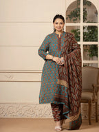 Yufta Floral Print Teal Blue Cotton Plus Size Kurta Set With Dupatta Set | Grocsy
