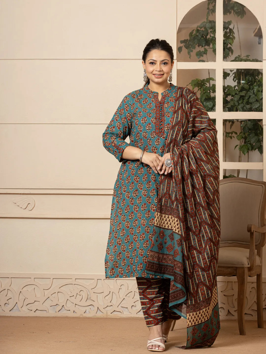 Yufta Floral Print Teal Blue Cotton Plus Size Kurta Set With Dupatta Set | Grocsy