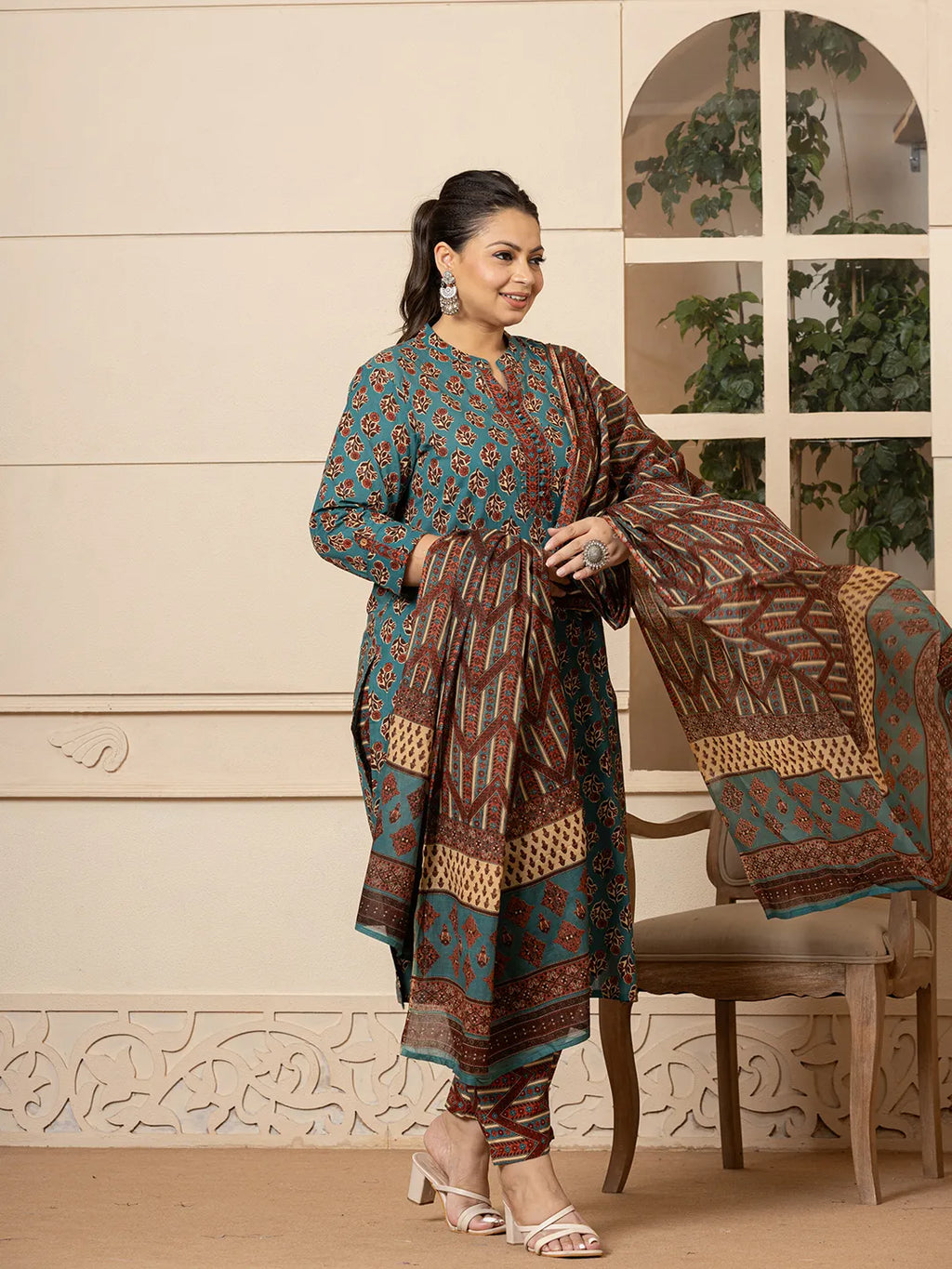 Yufta Floral Print Teal Blue Cotton Plus Size Kurta Set With Dupatta Set | Grocsy