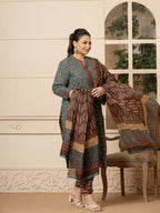 Yufta Floral Print Teal Blue Cotton Plus Size Kurta Set With Dupatta Set | Grocsy