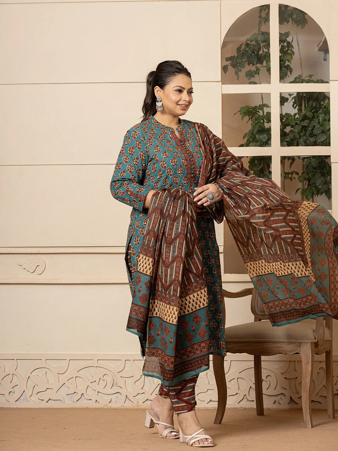 Yufta Floral Print Teal Blue Cotton Plus Size Kurta Set With Dupatta Set | Grocsy