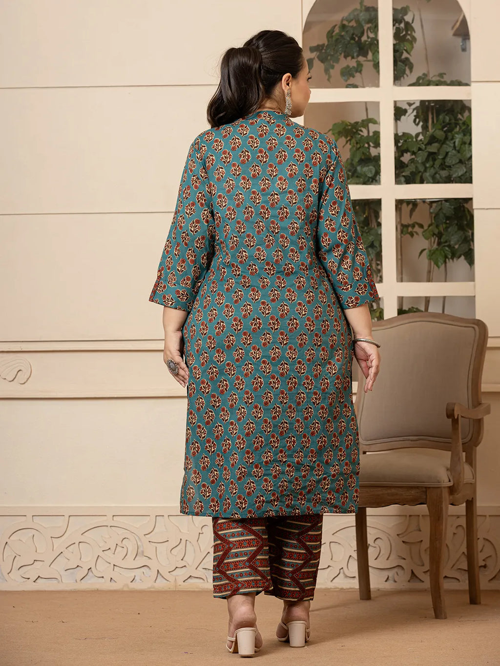 Yufta Floral Print Teal Blue Cotton Plus Size Kurta Set With Dupatta Set | Grocsy