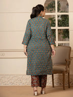 Yufta Floral Print Teal Blue Cotton Plus Size Kurta Set With Dupatta Set | Grocsy