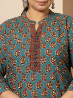 Yufta Floral Print Teal Blue Cotton Plus Size Kurta Set With Dupatta Set | Grocsy