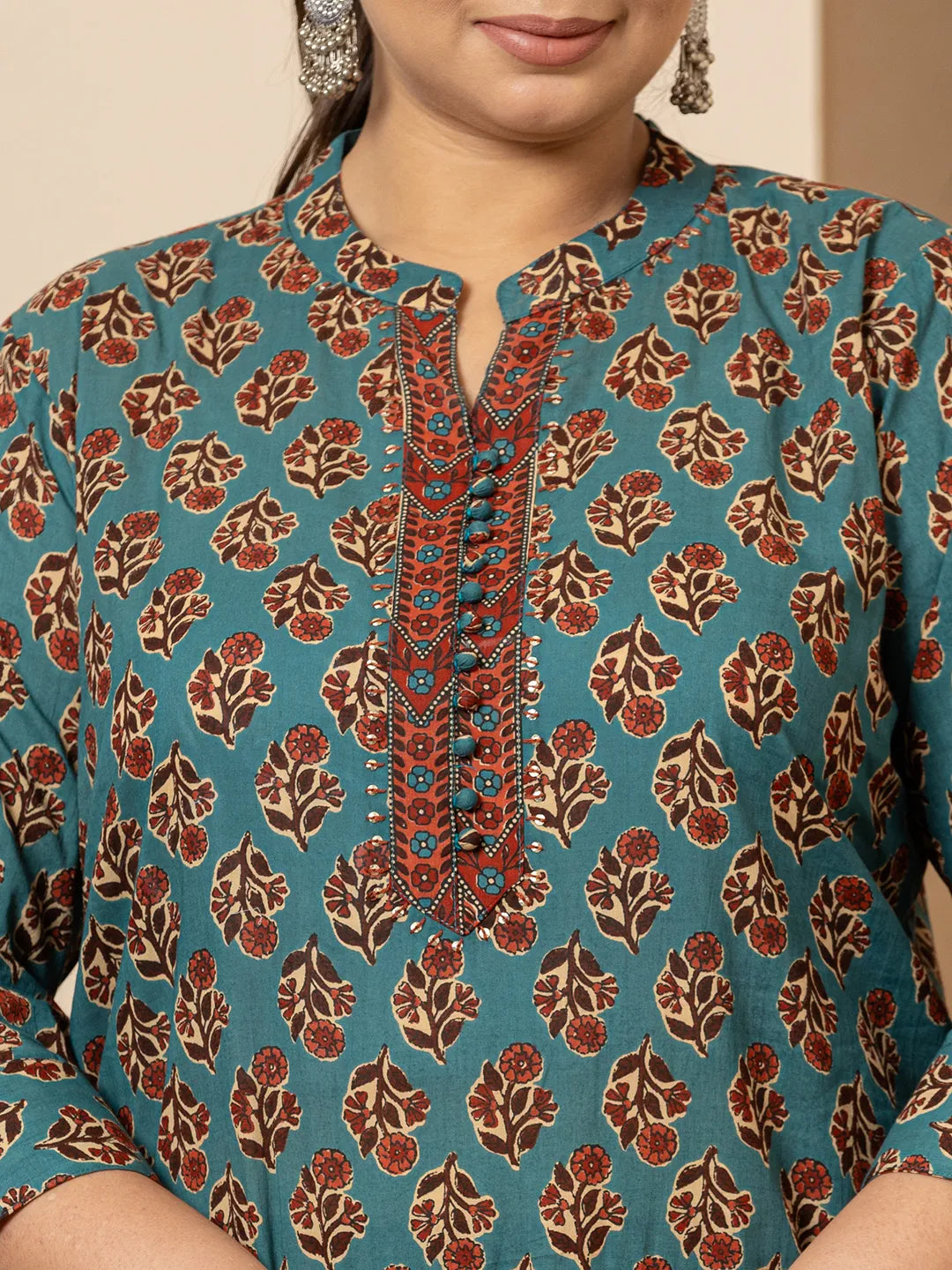 Yufta Floral Print Teal Blue Cotton Plus Size Kurta Set With Dupatta Set | Grocsy