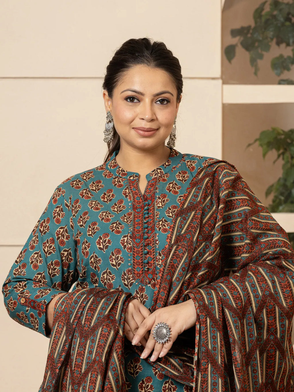 Yufta Floral Print Teal Blue Cotton Plus Size Kurta Set With Dupatta Set | Grocsy
