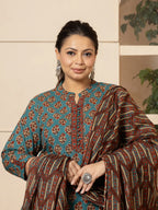 Yufta Floral Print Teal Blue Cotton Plus Size Kurta Set With Dupatta Set | Grocsy